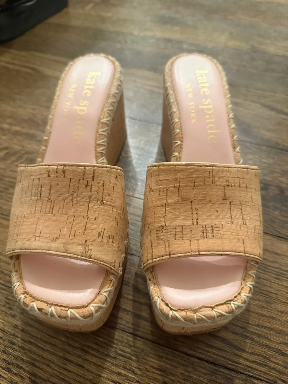kate spade Cosette Cork Platform Slide Mules in Tan with Pink Insole